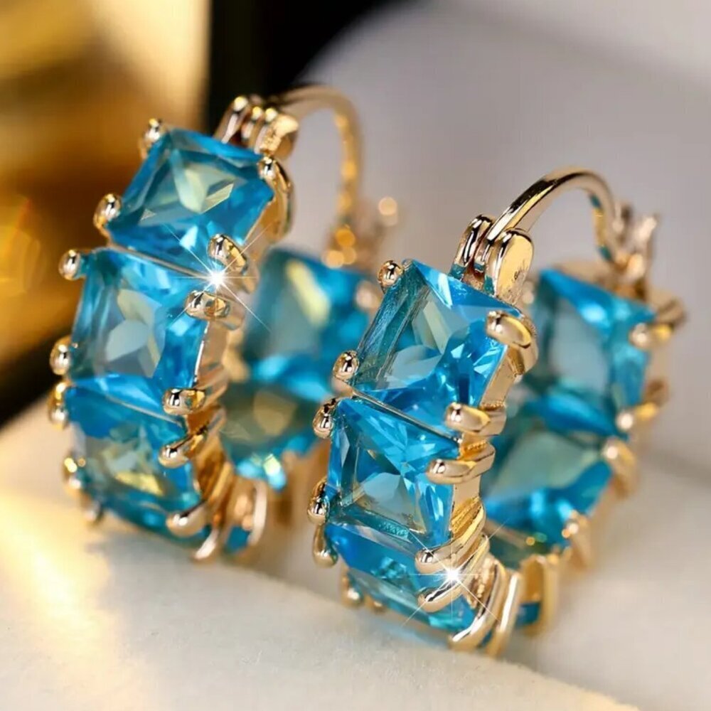 Gold Tone Huggie Earrings with Blue Princess Cut Stones and Tons of Bling #1490